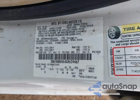 2010 Mercury Milan из США, поврежденный, VIN 3MEHM0HA4AR624467